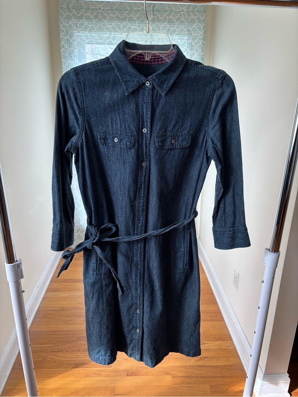Talbots Dark Blue Denim Shirt Dress with Tie Waist Size 2 100% Cotton